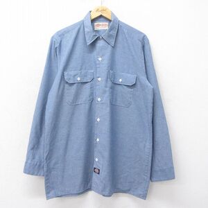 XL/古着 ディッキーズ Dickies 長袖 ワーク シャンブレー シャツ メンズ 90s ロング丈 薄紺 ネイビー 霜降り 24sep09 中古 トップス