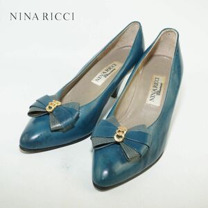 NINA RICCI ニナリッチ 35.5 22.5 パンプス ヒール リボン アーモンドトゥ 本革 レザー ゴールド金具 緑 グリーン/DC408