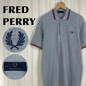 ☆英国製☆希少アイテム☆FRED PERRY フレッドペリー 刺繍ロゴ 月桂樹 M12 半袖ポロシャツ サイズ40 霜降りグレー イングランド製 古着