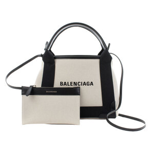 【新品未使用品】BALENCIAGA バレンシアガ 390346 NAVY CABAS XS カーフレザー ポーチ付き 2Way ショルダーバッグ NATURAL/BLACK