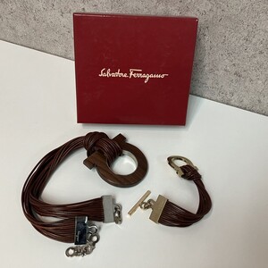 〇B011-O60-697◎ Salvatore Ferragamo サルヴァトーレフェラガモ ガンチーニ ネックレス ブレスレット 2点セット ブラウン まとめ