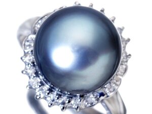 1円～【ジュエリー極】美しい艶と照り！良質南洋ブラックパール10.6ｍｍ珠＆ダイヤモンド0.18ct 高級Pt900リング w4786vl【送料無料】