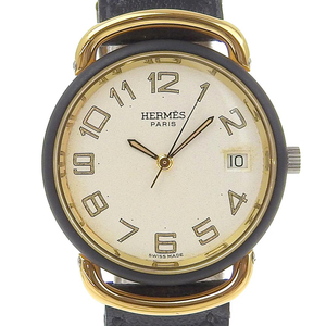 HERMES エルメス プルマン Z刻印 腕時計 SS×金メッキ×レザー クオーツ アナログ表示 メンズ 白文字盤【R140924001】中古