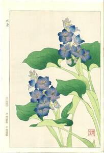 真作保証　河原崎奨堂 木版画 　#125 水葵 Water hyacinth 　花版画　　初版昭和中期～ 京都らしい花版画の美をご自宅でお楽しみください。