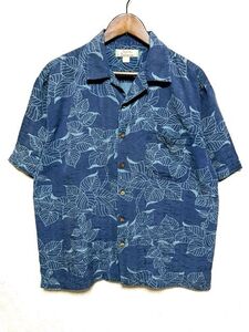 Tommy Bahama トミーバハマ 半袖 シルク アロハシャツ M★ネイビー ハワイアン 総柄 オープンカラー 開襟 ボックス型 100%SILK 状態良好