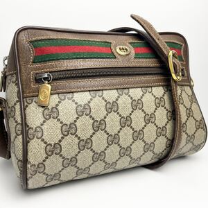 美品 粉吹きなし！ベタなし！GUCCI グッチ シェリーライン GG ショルダーバッグ オールドグッチ レザー 本革 PVC ベージュ ブラウン