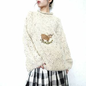 *SPECIAL ITEM* EU VINTAGE ACORN SHEEP EMBROIDERY DESIGN CABLE OVER KNIT/ヨーロッパ古着ヒツジ刺繍デザインケーブルオーバーニット