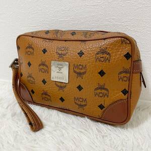 MCM クラッチバッグ　メンズ　レザー　セカンドバッグ　総柄　ロゴ　ブラウン　エムシーエム