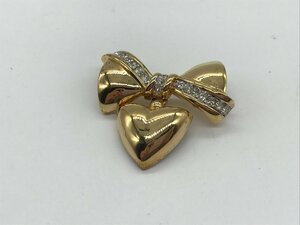 ■【YS-1】ニナリッチ NINARICCI ブローチ ■ 石付き リボン ハートモチーフ GP ゴールド系 トップ全長3,5cm 【同梱可能商品】K■