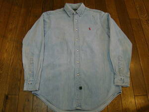 90s POLO COUNTRY デニム ボタンダウンシャツ M ライトブルー ロゴ 刺繍 Ralph Lauren ラルフローレン ポロカントリー