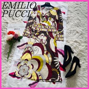 【美品】EMILIO PUCCI プッチ柄 膝丈ワンピース ドレープ 七分袖 エミリオプッチ