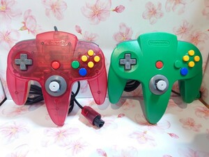 【☆簡易動作チェック済み】 NINTENDO 64 ニンテンドー64 コントローラー コントローラーブロス クリアレッド　グリーン　2台セット