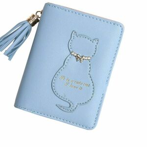 ★ 【新品・未使用】 猫 財布 二つ折り 女の子 ファスナー プレゼント 子供 チャーム ネコ ブルー 青 水色