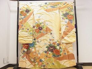 平和屋野田店■豪華振袖　駒刺繍　花籠文　金彩　逸品　ng3709