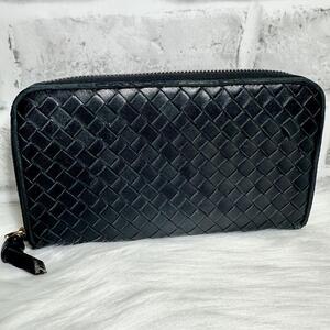 ボッテガヴェネタ イントレチャート 長財布 レザー ブラック ラウンドジップ ラウンドファスナー 黒 bottega veneta