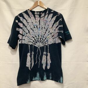 M40.ビンテージインディアン柄Tシャツ古着アメカジUSA製アメリカ製フリー＆イージーマイフリーダムサイズMブラック総柄ヘェザーゴローズ