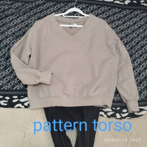 pattern torso 裏起毛　綿100%, Vネック　スウェット トレーナー　 無地　ベージュ系　FREE