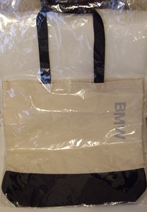 厚手！しっかりキャンバス生地★BMW★ロゴ入り大きめトートバッグ★約36×38ｃｍ★生成り×ネイビー 買い物バッグ　自動車関連グッズ