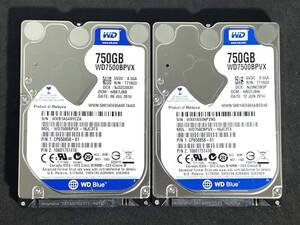 ★ 2個セット ★ 750GB ★ WD Blue　/　WD7500BPVX　【使用時間：9302ｈ＆13661ｈ】　Western Digital WD Blue　良品　[管理■PZYC]