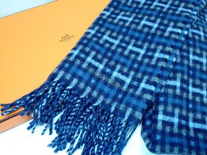 未使用 箱付き エルメス HERMES ロゴ刺繍 H柄 カシミヤ マフラー ブルー×グレー 123