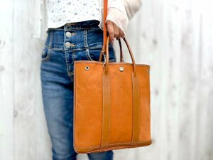 美品 HERMES エルメス ガーデンファイル PM トートバッグ ハンドバッグ ショルダーバッグ バッグ トワルオフィシエ×レザー オレンジ 76224