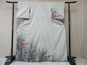 1円 中古 正絹 着物 訪問着 縮緬 和装 式典 和服 正装 アンティーク 芝草 枝花 草花 袷 身丈162cm 裄59cm【夢職】★★★