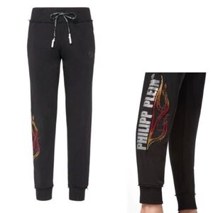 【CU】PHILIPP PLEIN フィリップ プレイン スウェット パンツ ブラック WJT0999【L】 ラインストーン 炎 レディース【新品・正規品】