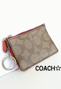 COACH■コーチ■シグネチャー柄■キーリング付き■カード入れ■パスケース■コインケース■コインパース■オレンジ系■中古■希少