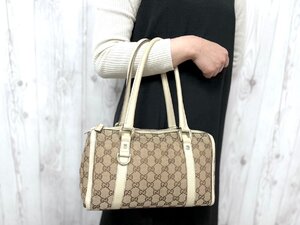 極美品 GUCCI グッチ GGキャンバス ハンドバッグ バッグ キャンバス×レザー ベージュ×アイボリー 79952