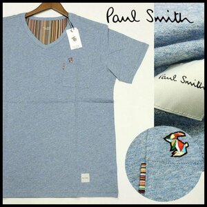  新品 即決 ポールスミス マルチストライプ Vネック Ｔシャツ マルチラビット刺繍 LL サックス 半袖カットソー Paul Smith メンズ【2452】