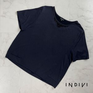 INDIVI インディヴィ フロントデザインTシャツ 半袖カットソー カラーストーン トップス レディース 黒 ブラック サイズ44*RC1443