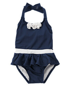 100㎝【4T】立体♪花モチーフフリルワンピース水着Navy