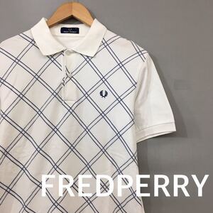 【美品・良品】フレッドペリー FREDPERRY ポロシャツ 鹿の子 半袖 格子柄 ヒットユニオン 襟 ホワイト メンズ 男性用 Sサイズ ♭□