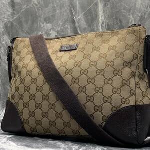 1円【極美品】GUCCI グッチ メンズ GGキャンバス ショルダーバッグ ポシェット サコッシュ 斜め掛け 総柄 レザー ダークブラウン 茶色