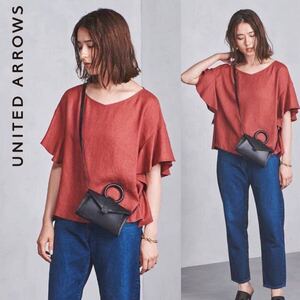 【UNITED ARROWS】ユナイテッドアローズ 定価1.5万 洗える フリルスリーブプルオーバー ブラウス 36/S〜Mサイズ レッド レディース 日本製