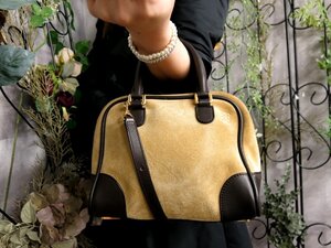 ●超美品●LOEWE ロエベ●アナグラム●ロゴ型押し●スエード カーフ レザー 本革●2way ハンド バッグ●ベージュ ダークブラウン●Js53823