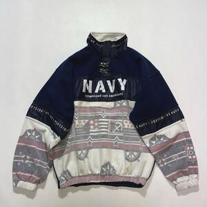 ビッグサイズ☆80s 90s フランス製 プルオーバー フリース ジャケット 紺 白 ビンテージ NAVY フックボタン COMPAGNIE DES AMERIQUES 総柄