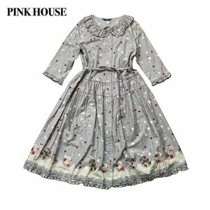 PINK HOUSE ピンクハウスロングワンピース 花柄 いちご フレア リボン グレー M相当