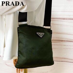 【美品】PRADA プラダ ショルダーバッグ サコッシュ バッグ 肩掛け 斜め掛け クロスボディ 三角ロゴ 緑系 ナイロン 保存袋 レディース