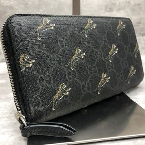 極美品 グッチ GUCCI 長財布 ラウンドファスナー ジッピーウォレット PVC GGマーモント タイガー 虎 メンズ ビジネス レザー ブラック 黒