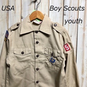 sh●79 米買付 USA製 ボーイスカウトシャツ youth M（10-12） ヴィンテージ アメリカ古着