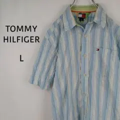 TOMMY HILFIGER　半袖シャツ　L　ブルー　ストライプ　 綿100％