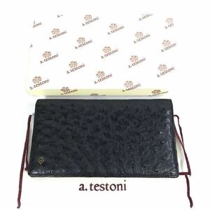 美品【ア・テストーニ】本物 a.testoni オーストリッチ 長財布 黒 無双仕立て マチ有 札入れ 駝鳥 男性用 メンズ イタリア製 箱 送料520円