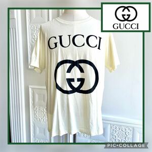 ◇未使用◇GUCCI グッチ プリント 半袖 Tシャツ XL コットン 生成り ホワイト ブランド ロゴ タグ付き トップス カットソー 長期保管品