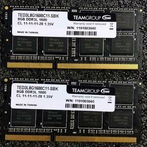 【中古】DDR3 SODIMM 16GB(8GB2枚組) TEAM TED3L8G1600C11-SBK [DDR3L-1600 PC3L-12800 1.35V]