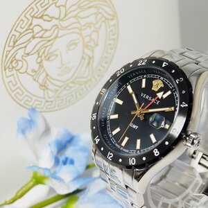 ヴェルサーチ VERSACE GMT デイト メデューサ メンズ 腕時計 箱 余りコマ C817 中古