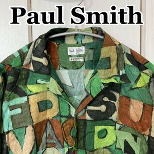 ポールスミス　PaulSmith 総柄シャツ　文字柄　アートヨーロピアン　Mサイズ　グリーン　半袖シャツ　開襟　オープンカラー