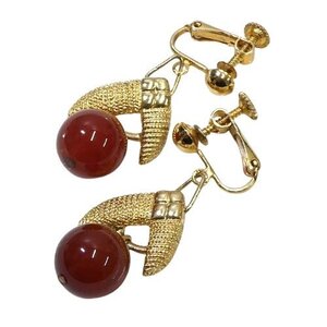 美品 揺れる 赤メノウ イヤリング 赤茶 ゴールド 丸玉 バネ式 耳飾り earring ヴィンテージ コスチュームジュエリー【ネコポスOK】 ◆Y11