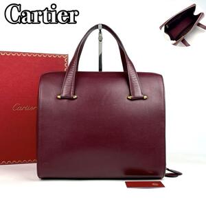 【美品】Cartier カルティエ ボストンバッグ ハンドバッグ トート 旅行鞄 マストライン 大容量 ビジネス A4収納 男女兼用 レザー 人気 赤茶