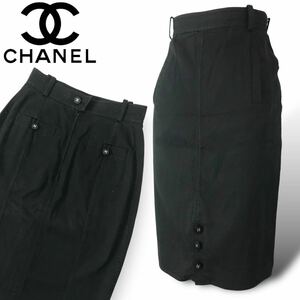 p15 Vintage CHANEL シャネル タイトスカート 膝丈スカート ココマークボタン ヴィンテージ ボトム BLACK コットン P06326 V04656 正規品